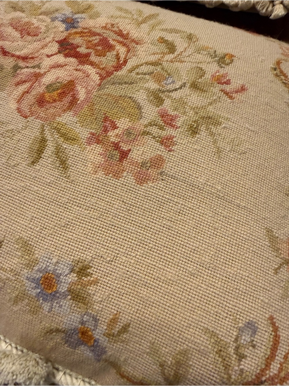 Vintage-Style Cream Floral Needlepoint Throw Pillow - Picture 2 of 4